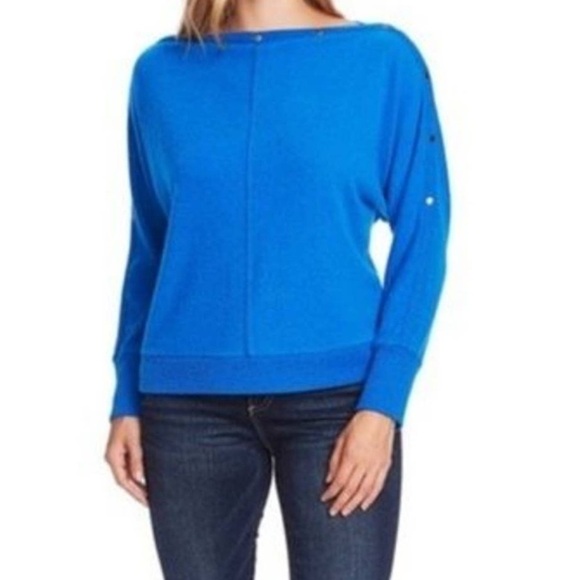 NEW Vince Camuto Metro Blue Holiday Snap Trim Dolman Sleeve Sweater Size XS - Picture 1 of 9